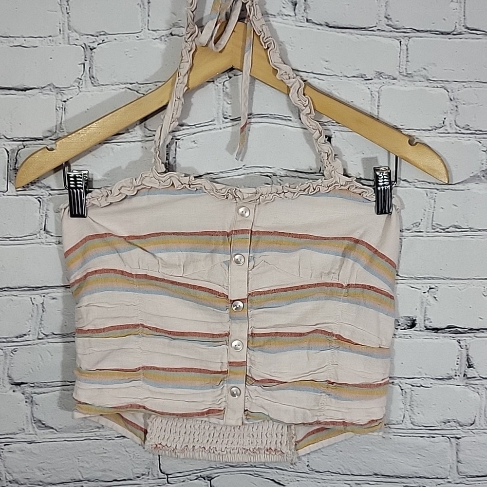 Y2K American Eagle Halter Top Striped Beige Gathered Back Boho Cotton/Linen Sz S